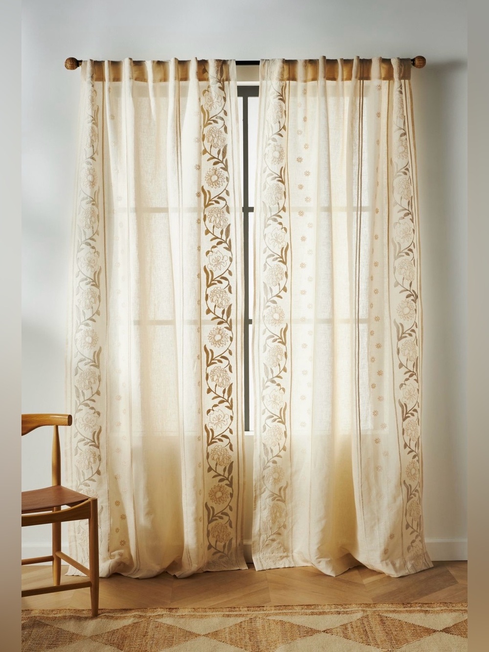Anthropologie Manette Embroidered Cotton Linen Sheer Curtain, Neutral, 2 Panels